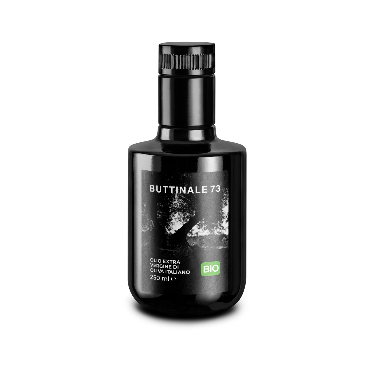 Dunkle 250-ml-Flasche Bio-Olivenöl der Manufaktur mit grünem Bio-Siegel.