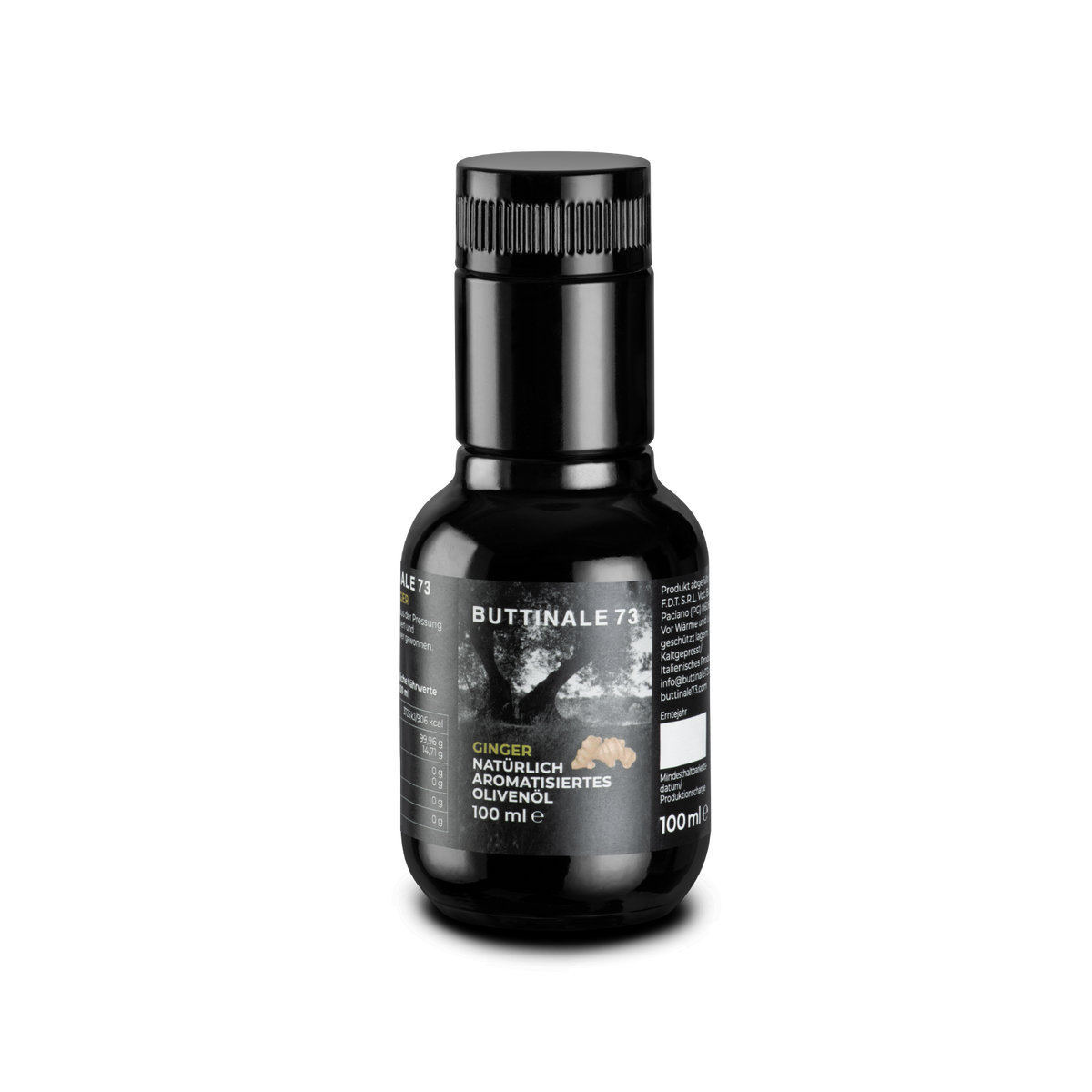 Kleine dunkle 100-ml-Flasche aromatisiertes Olivenöl mit Ingwer.