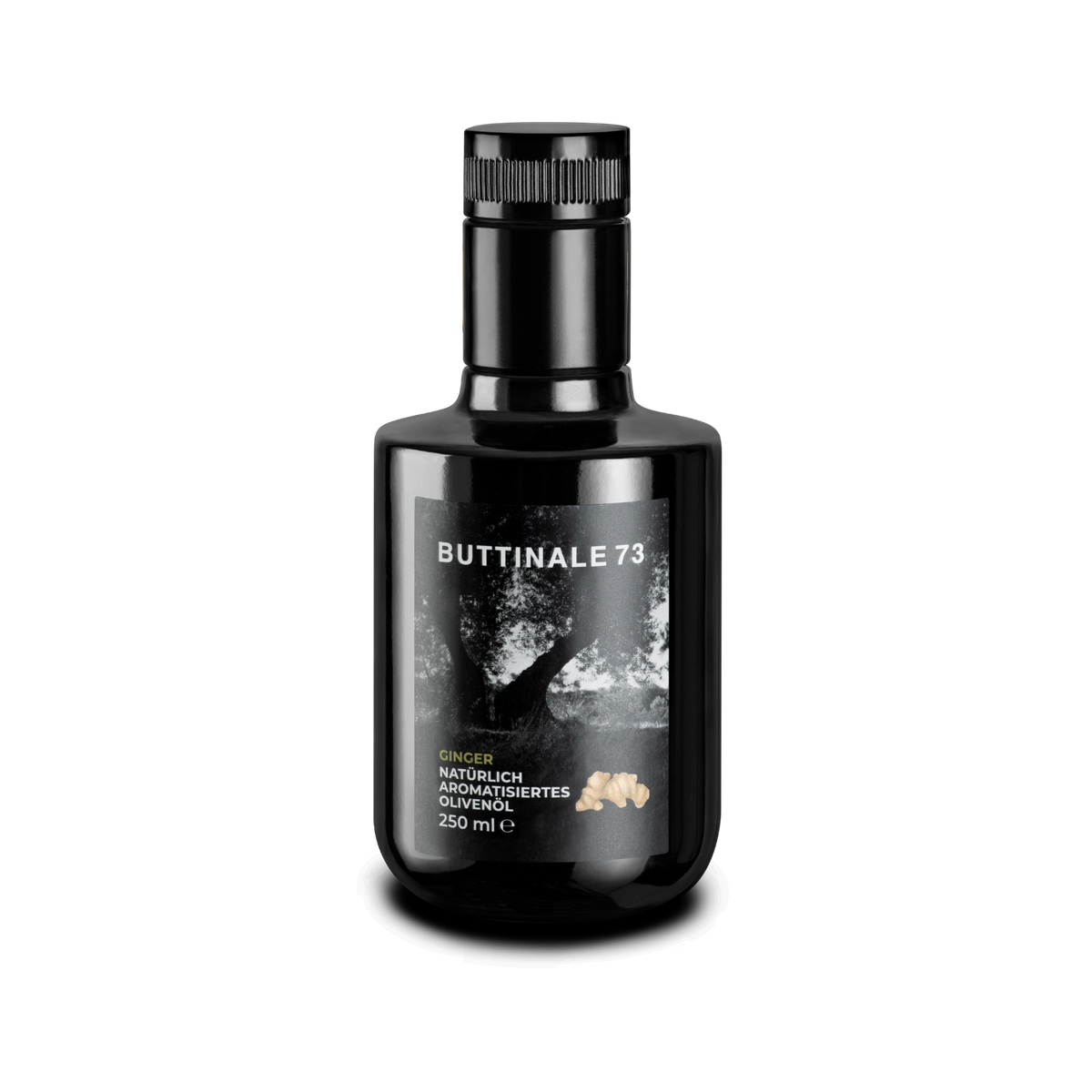 Dunkle 250-ml-Flasche aromatisiertes Olivenöl mit Ingwer.