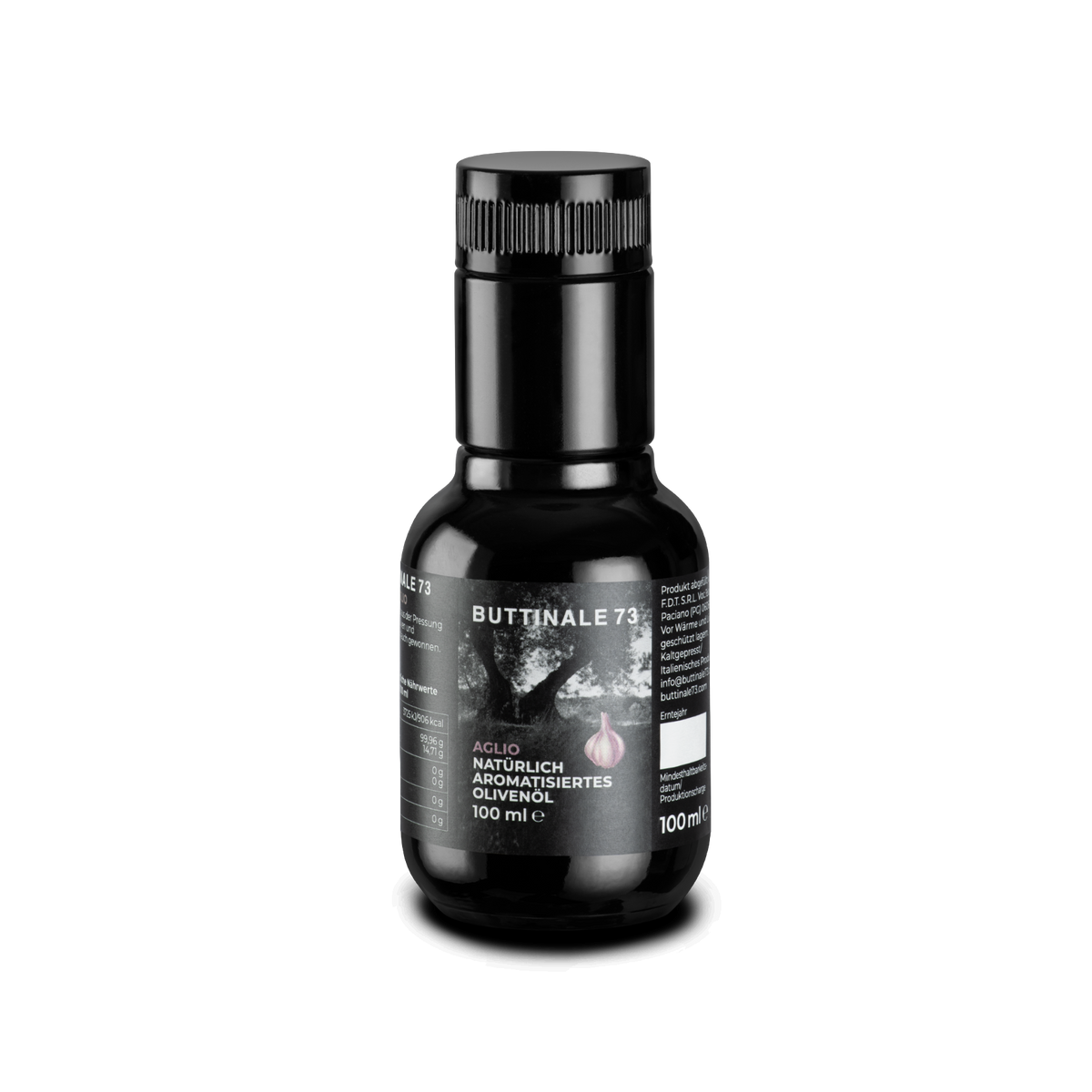 Kleine dunkle 100-ml-Flasche aromatisiertes Olivenöl mit Knoblauch.