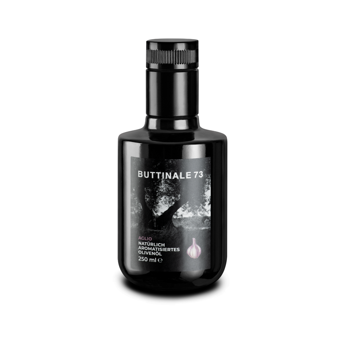 Dunkle 250-ml-Flasche aromatisiertes Olivenöl mit Knoblauch.