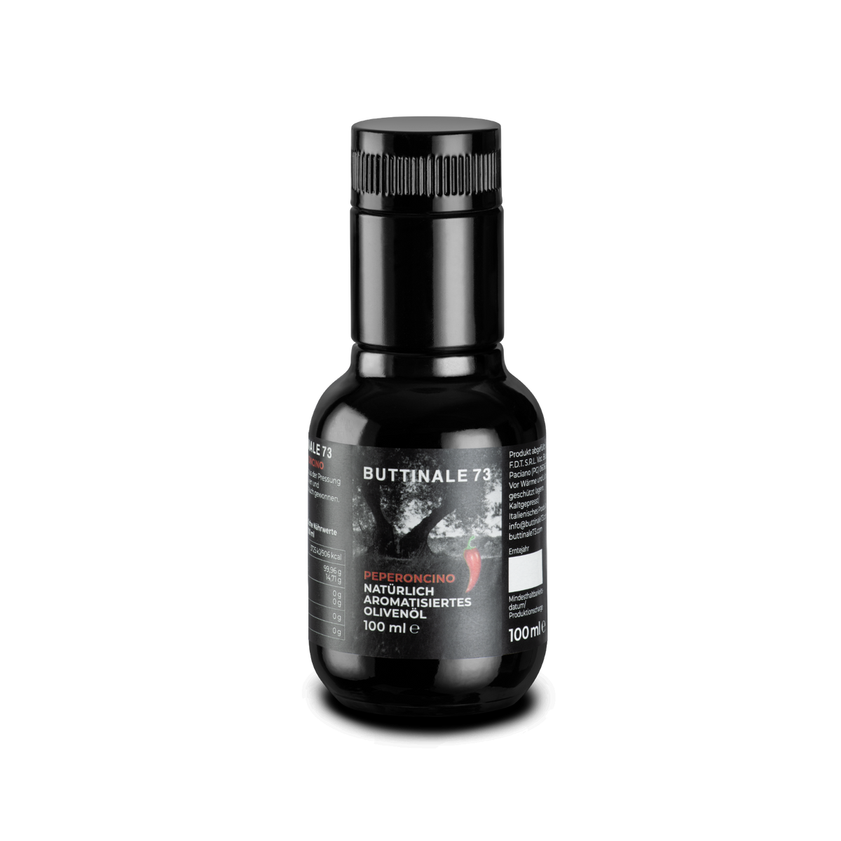 Kleine dunkle 100-ml-Flasche aromatisiertes Olivenöl mit Peperoncino.