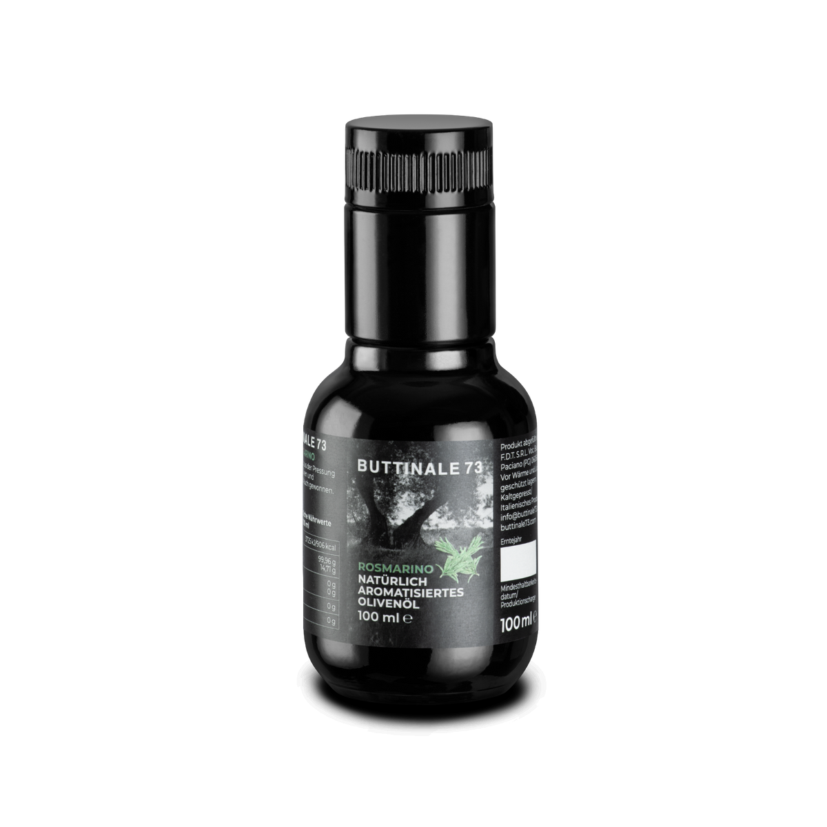 Kleine dunkle 100-ml-Flasche aromatisiertes Olivenöl mit Rosmarin.