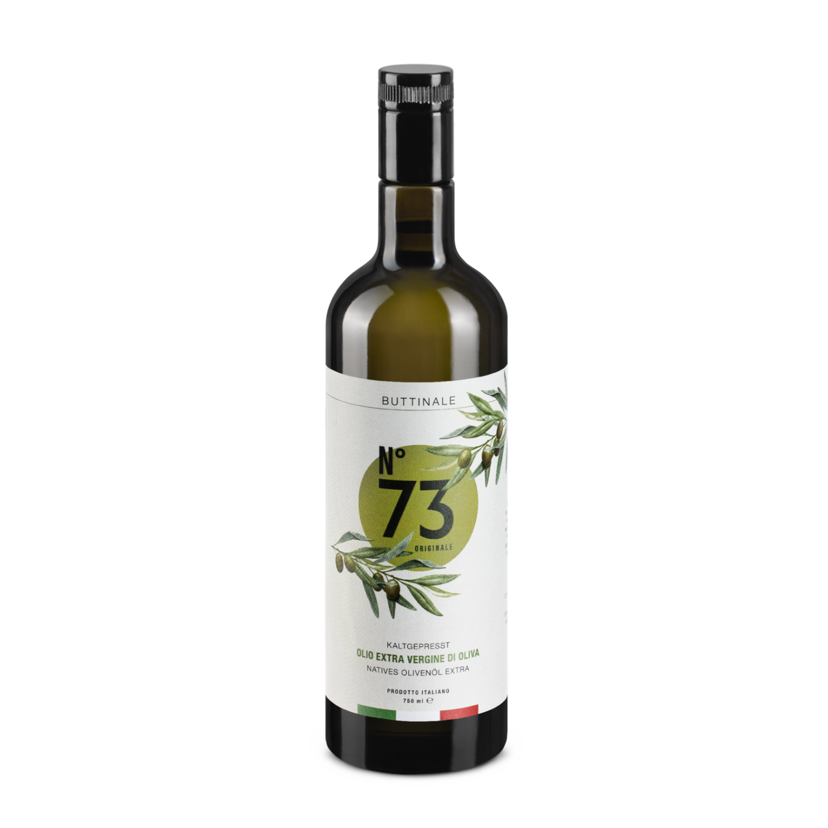 Helle 750-ml-Flasche NO. 73 Originale mit Olivenzweig-Etikett.