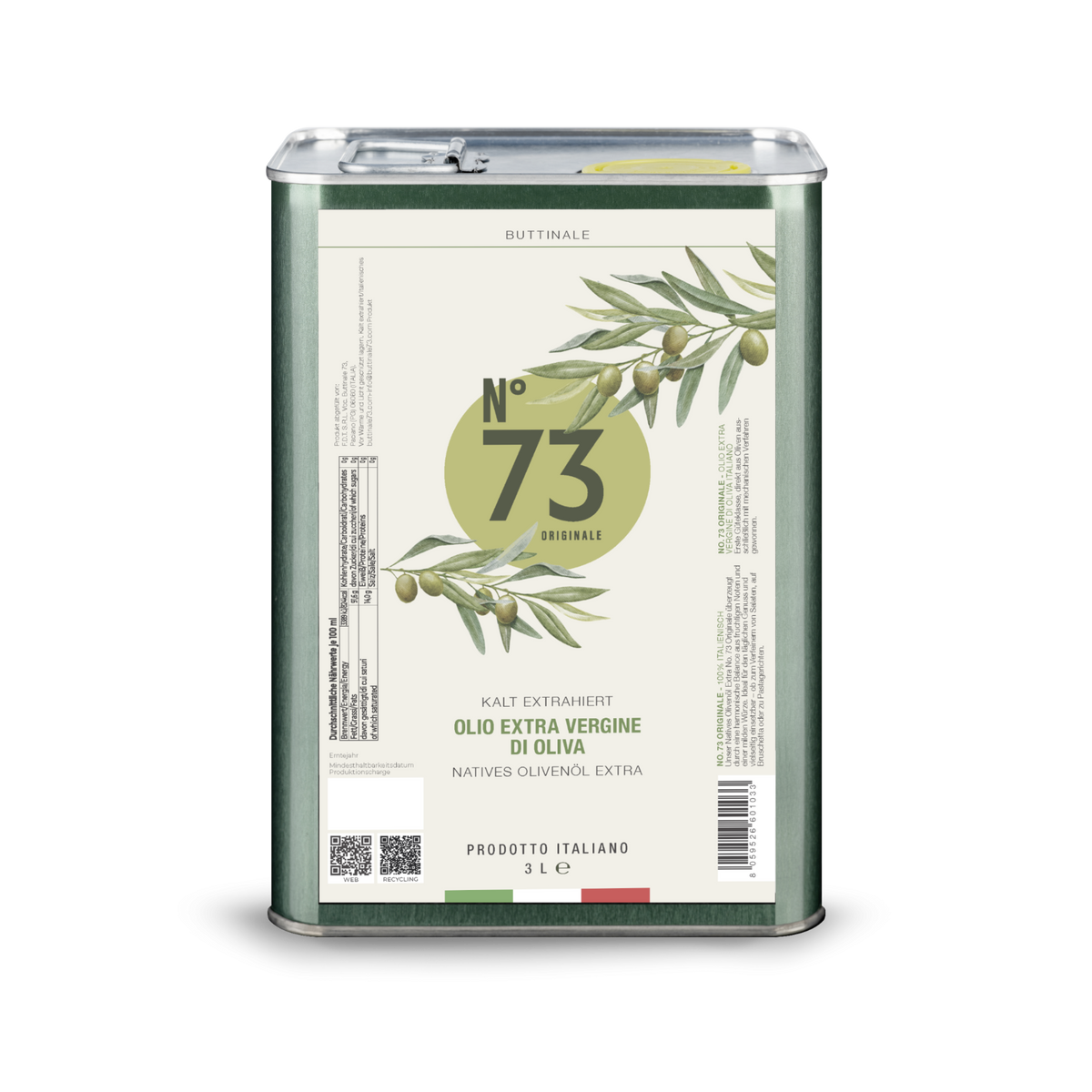Grüner 3-Liter-Blechkanister NO. 73 Originale mit Olivenzweig-Etikett.