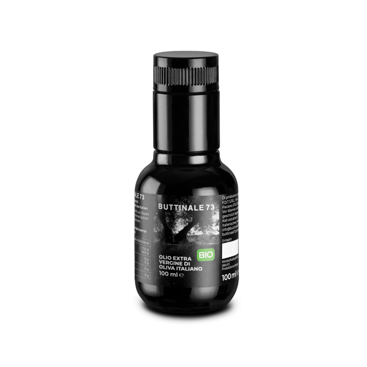 Kleine dunkle 100-ml-Flasche Bio-Olivenöl mit grünem Bio-Siegel.