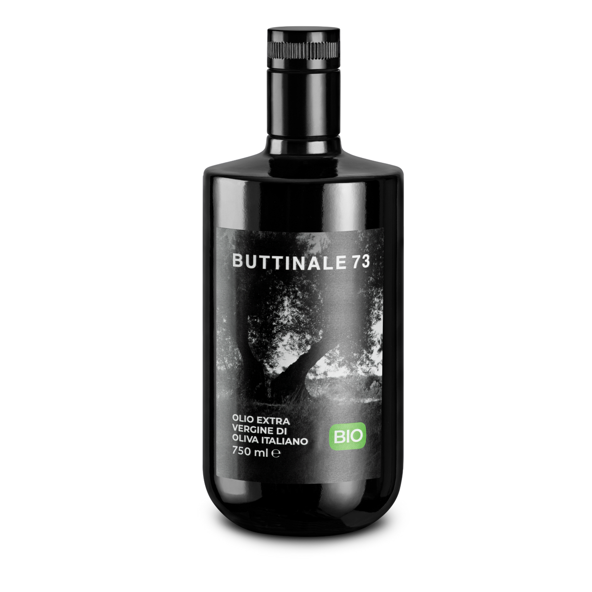 Dunkle 750-ml-Flasche Bio-Olivenöl der Manufaktur mit grünem Bio-Siegel.