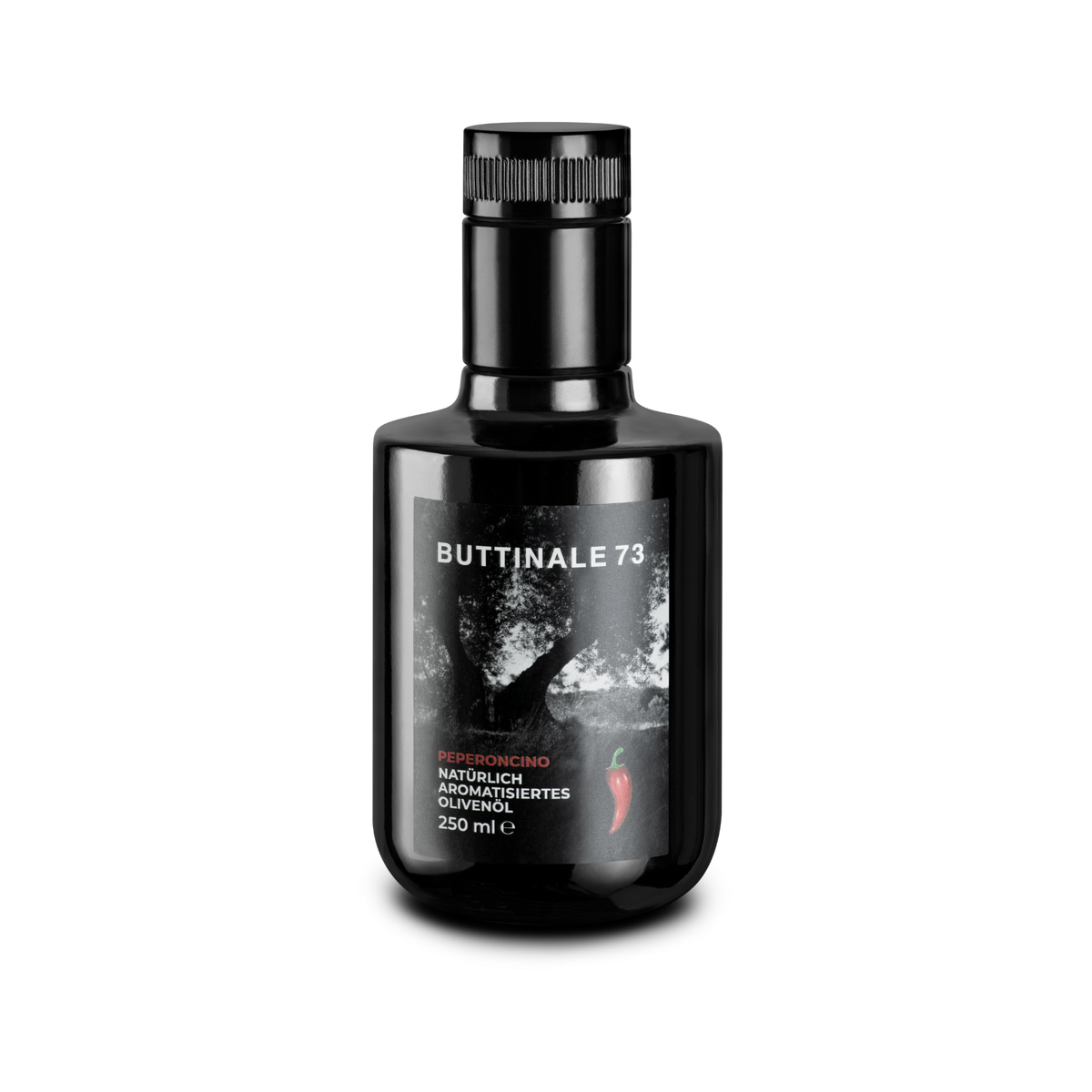 Dunkle 250-ml-Flasche aromatisiertes Olivenöl mit Peperoncino.