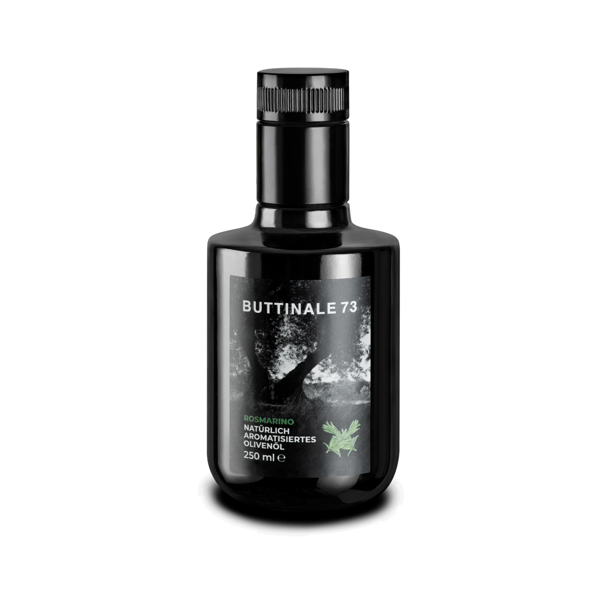 Dunkle 250-ml-Flasche aromatisiertes Olivenöl mit Rosmarin.