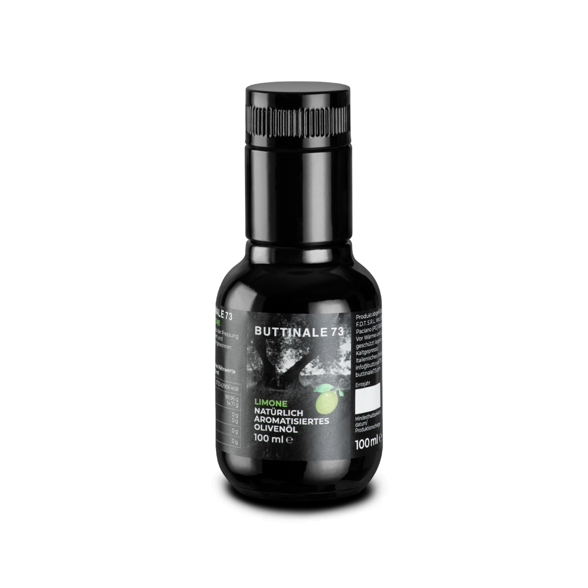 Kleine dunkle 100-ml-Flasche aromatisiertes Olivenöl mit Zitrone.