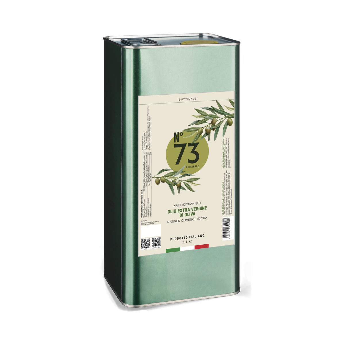 Grüner 5-Liter-Blechkanister NO. 73 Originale mit Olivenzweig-Etikett.